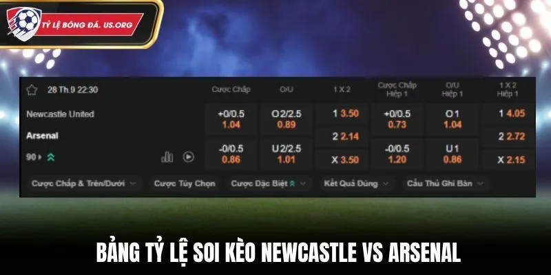 Soi kèo Newcastle vs Arsenal - bảng tỷ lệ cá cược